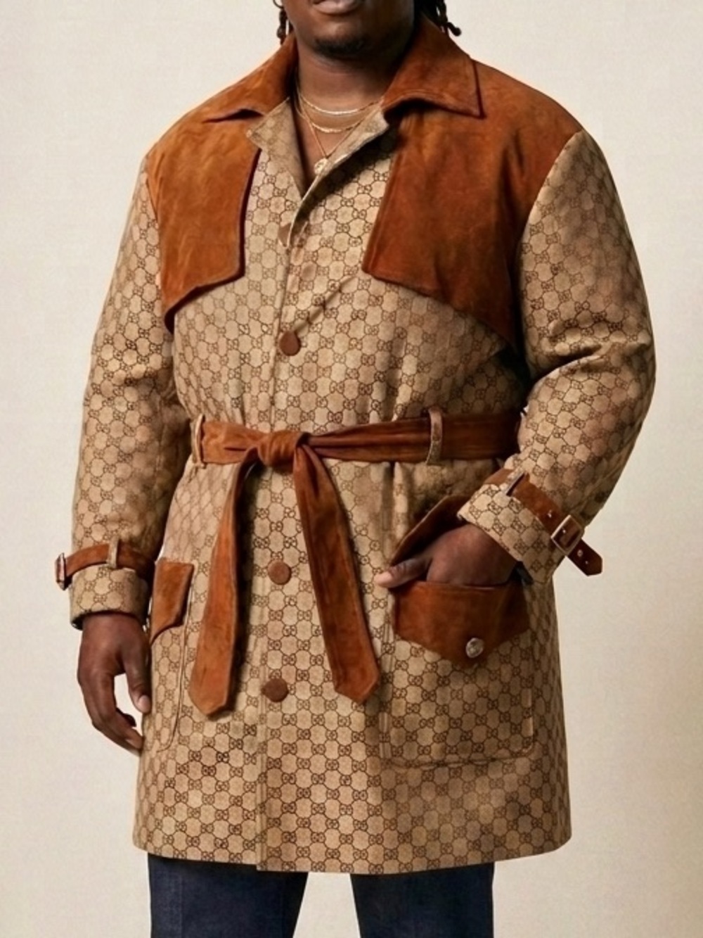 Gucci Brown Monogram Canvas Trench Coat with Suede Trim
